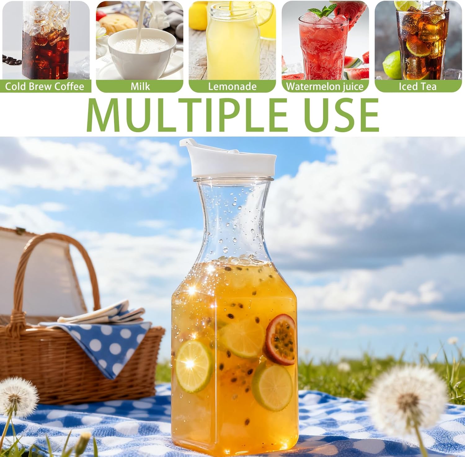 4 Pack Plastic Carafe with Lids, 1 Liter Large Mimosa Bar Juice Drink Containers Clear Beverage Square Base Bottle for Fridge, Water, Milk, Iced Tea, Hand Wash